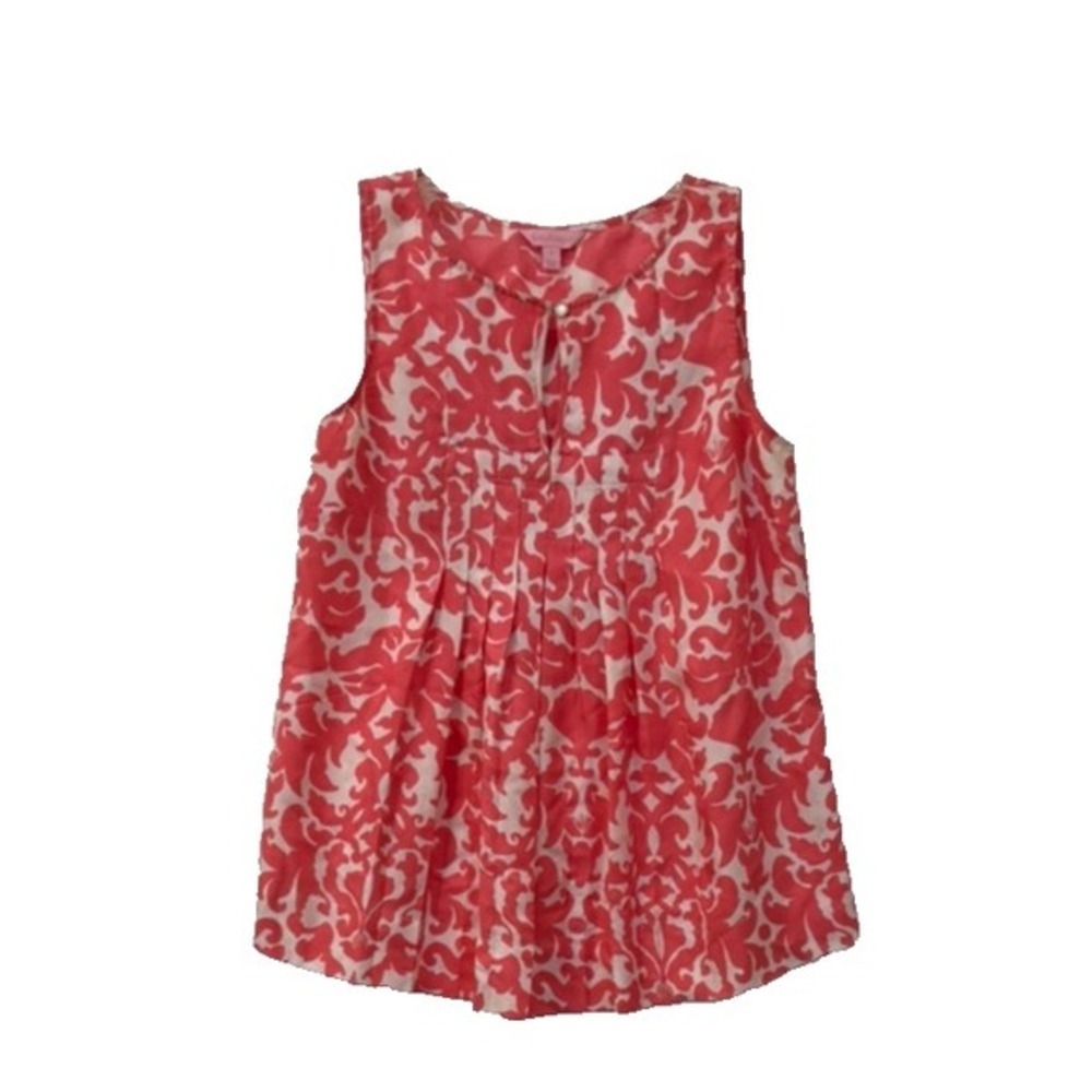Lily Pulitzer Size 8 100% Silk‎ Pink & White Front Pleat Floral Sleeveless Top